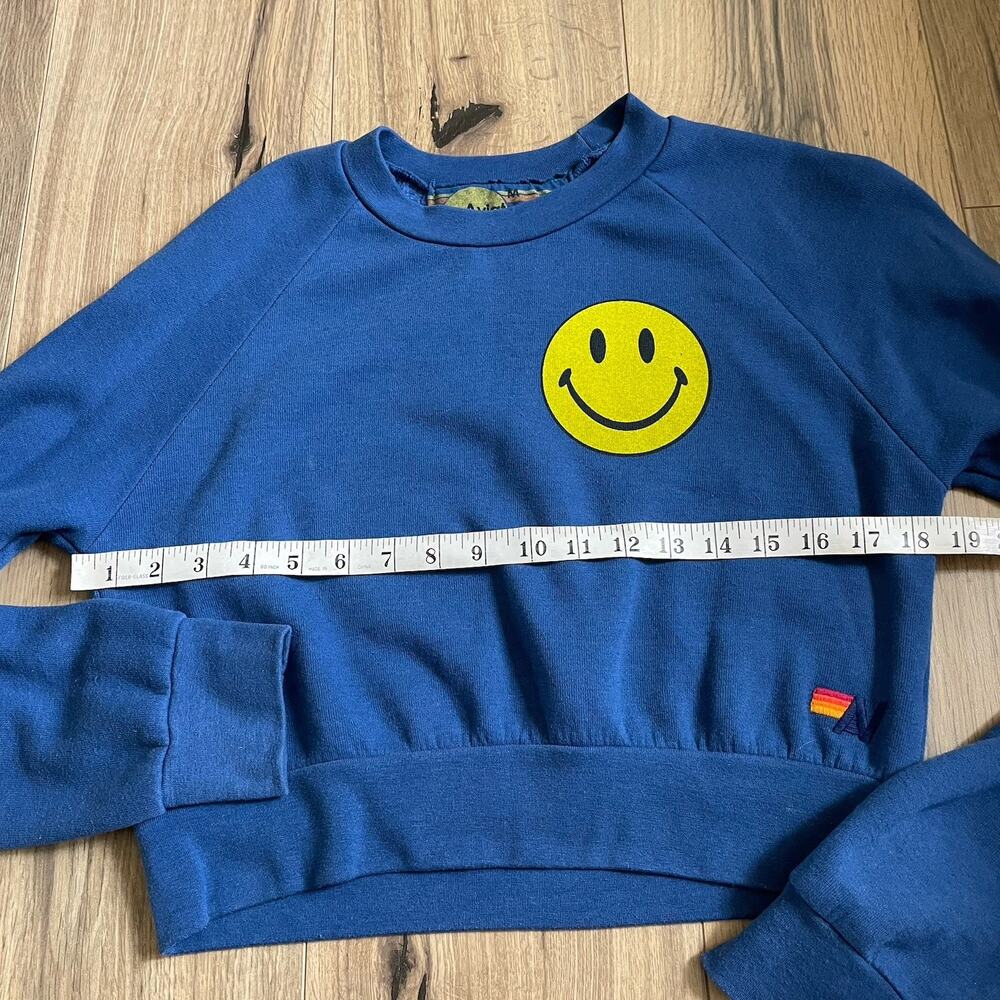 Aviator Nation SoulCycle Size Medium Smiley Face Crop Sweatshirt Blue Crewneck - Picture 7 of 9